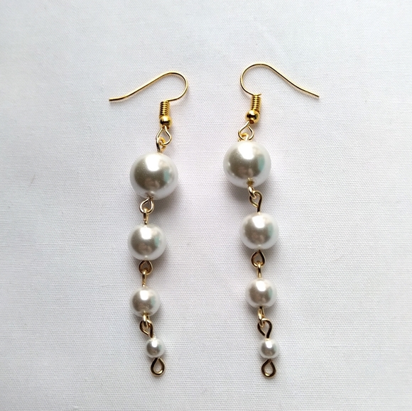 White Glass Faux Pearl Descending Four Tier Dangle Hook Linear Earrings Handmade - Picture 5 of 10